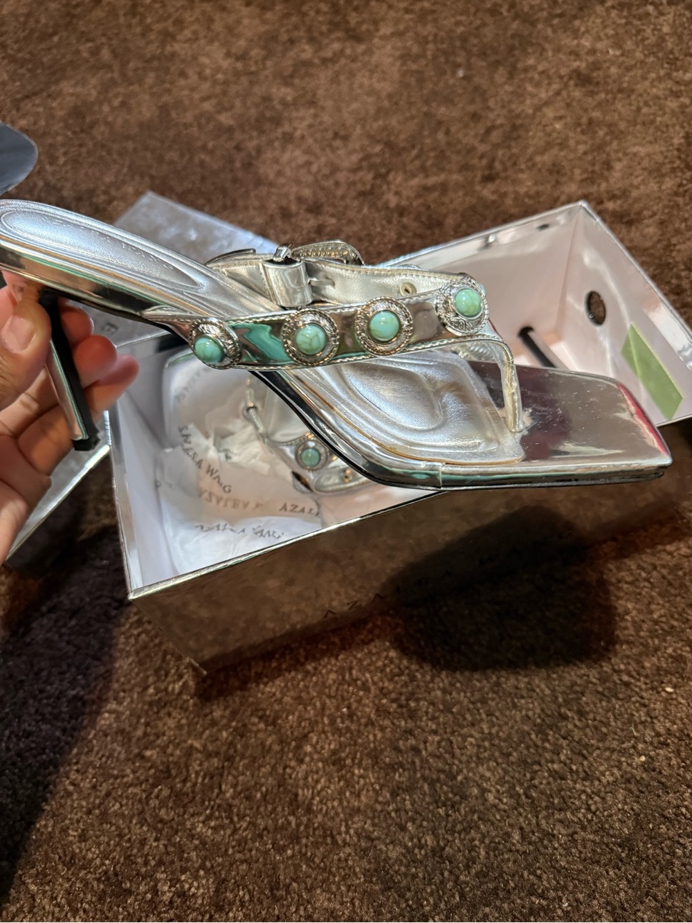 Silver Thong Heel Sandals with Aqua Stone Accents